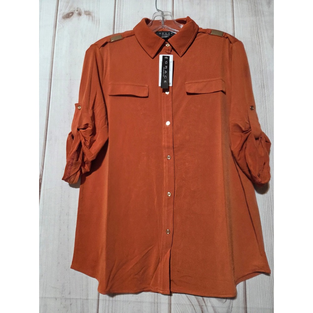 GRACE the perfect fit Womens Orange Button Up Shirt Size S Roll Tab Sleeve